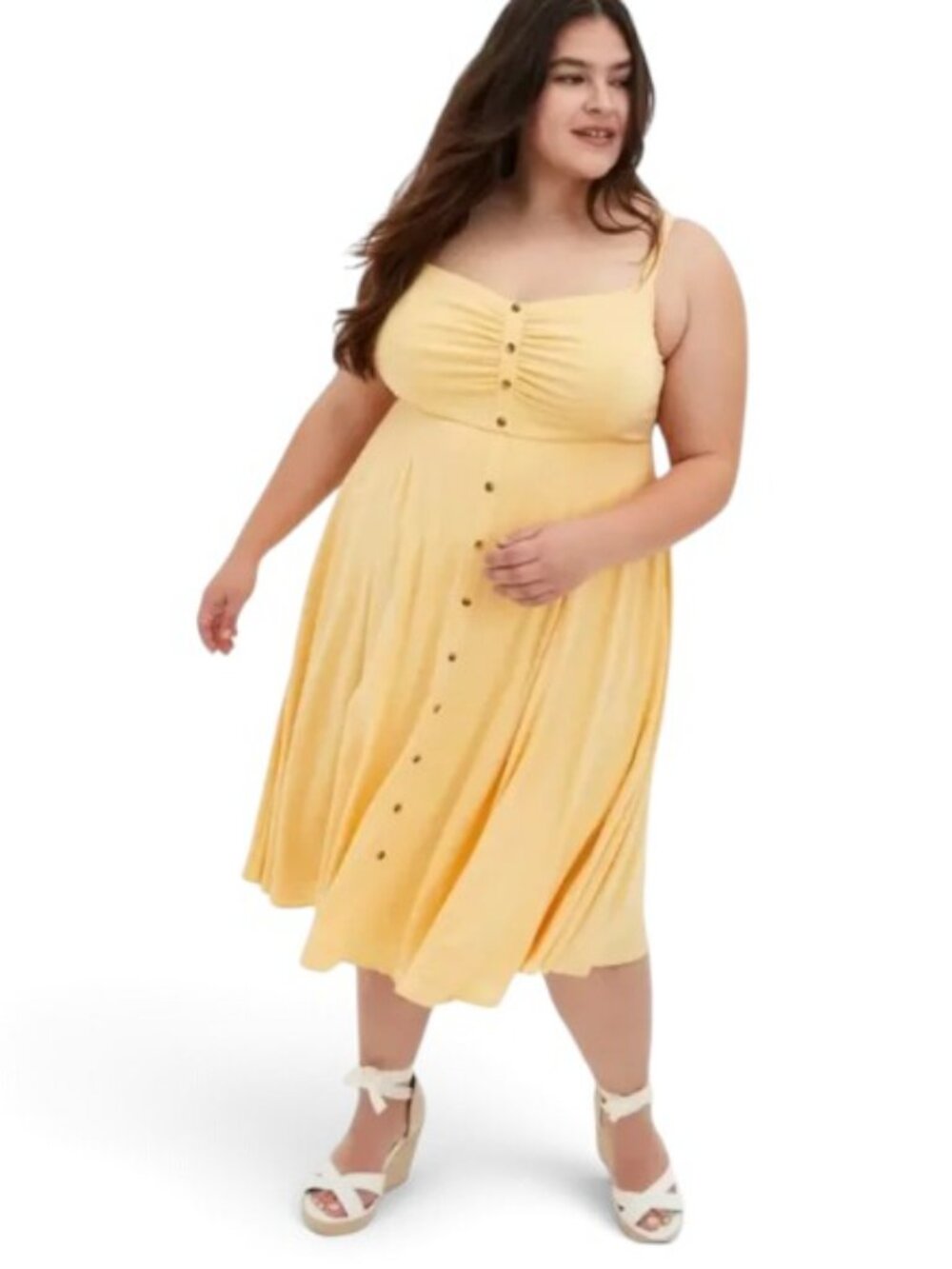 Torrid Butter Yellow Empire Waist Spaghetti Strap Button Front Midi Dress